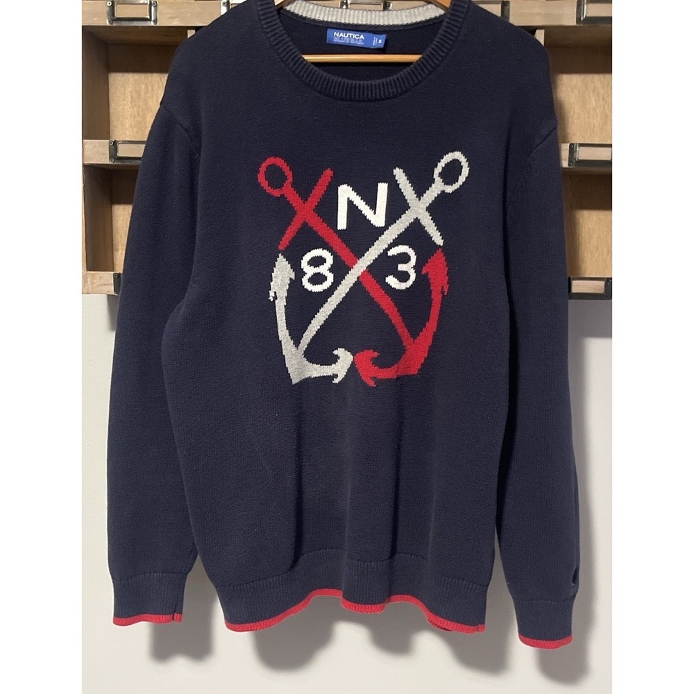 Nautical Anchor Knit Sweater Mens XL Navy Red White Yacht Club‎ Coastal Preppy